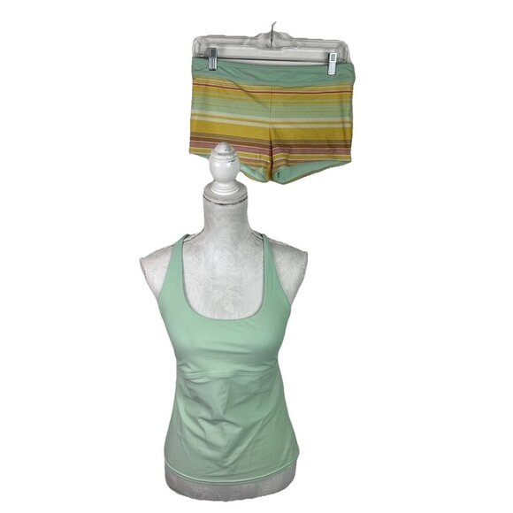 Prana women's M 2-Piece Tankini Top Boy Short Swimsuit Green Yellow EUC - Picture 1 of 12